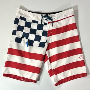 Fox Racing USA Patriot Board Shorts Sz 32, American Flag Beach Boat
